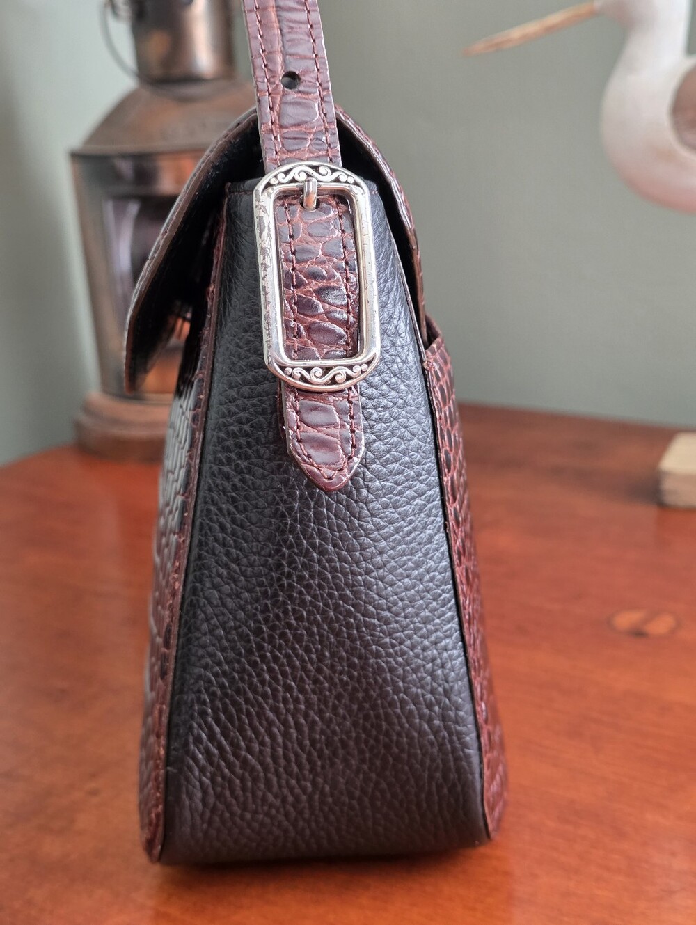 Brighton Croc Embossed Leather Crossbody Bag Brown Heart Y2K - Picture 5 of 16